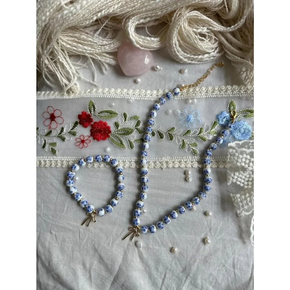 Beads Bow Charm Bracelet for Women - Handmade Flower Vintage Stretch Jewelry